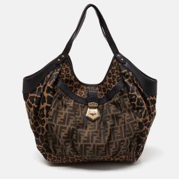 Pre Owned Fendi Tobacco Zucca and Leopard Print Canvas Borsa Chef Tote