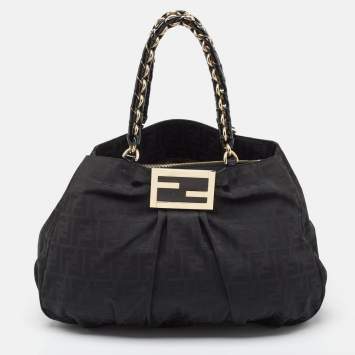 Pre Owned Fendi Black Zucca Fabric and Patent Leather Large Mia Hobo