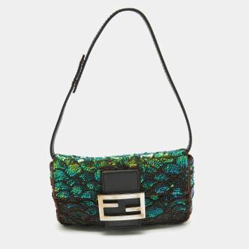 Pre Owned Fendi Green/Black Sequins and Leather Baguette Pochette Bag