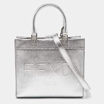 Pre Owned Fendi Silver Laminated Leather Small Sunshine Tote