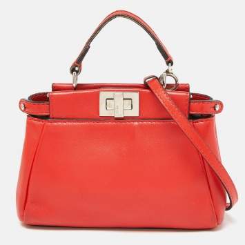 Pre Owned Fendi Red Leather Micro Peekaboo Crossbody Bag