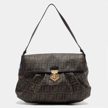 Pre Owned Fendi Tobacco Zucca Coated Canvas and Leather Pushlock Flap Bag