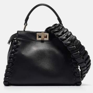 Pre Owned Fendi Black Leather Mini Whipstitched Peekaboo Top Handle Bag