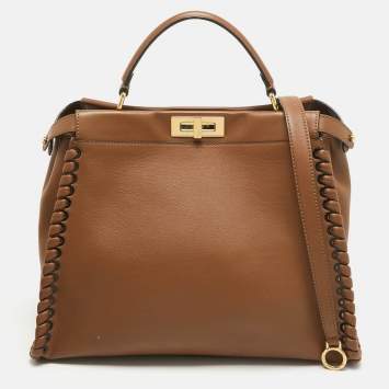 Pre Owned Fendi Brown Leather Large Whipstitch Peekaboo Top Handle Bag