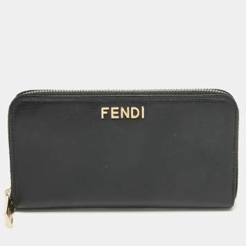 Pre Owned Fendi Black Leather Logo Zip Around Continental Wallet