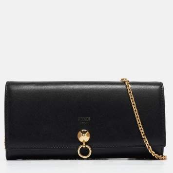 Pre Owned Fendi Black Leather Dotcom Wallet on Chain