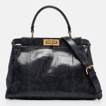 Pre Owned Fendi Blue Shine Python Regular Peekaboo Top Handle Bag