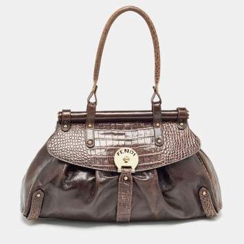Pre Owned Fendi Choco Brown Crocodile and Leather Magic Top Handle Bag
