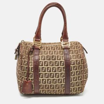 Pre Owned Fendi Brown/Beige Zucchino Canvas and Leather Small Forever Bauletto Bag