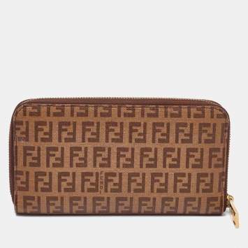 Pre Owned Fendi Brown/Beige Zucchino Coated Canvas Zip Around Wallet 