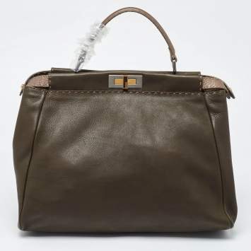 Pre Owned Fendi Dark Green/Bronze Selleria Leather Large Peekaboo Top Handle Bag