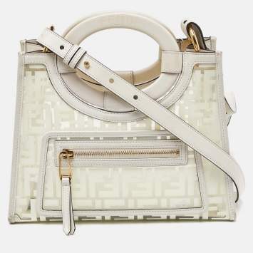 Pre Owned Fendi Transparent/Off White Zucca PVC and Leather Small Runaway Shopper Tote