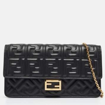 Pre Owned Fendi Black Zucca Embossed Leather Baguette Wallet on Chain