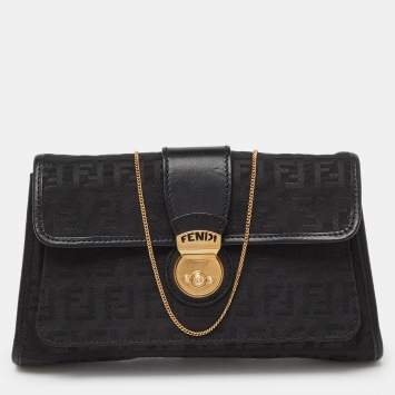 Pre Owned Fendi Black Zucchino Canvas and Leather Wallet on Chain 