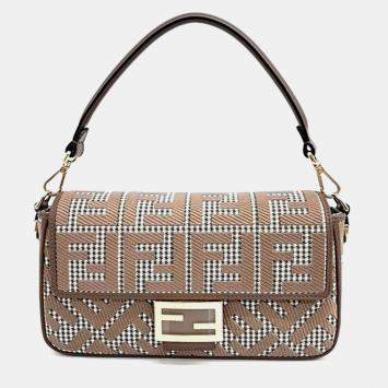 Pre Owned Fendi Brown Jacquard Baguette Shoulder Bag