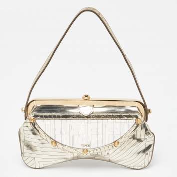 Pre Owned Fendi Gold Laminated Leather Vanity Mirror Clutch