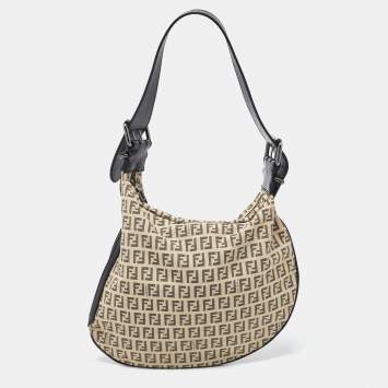 Pre Owned Fendi Beige/Black Zucchino Canvas and Leather Oyster Hobo