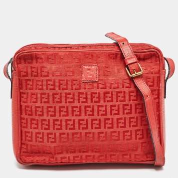 Pre Owned Fendi Red Zucchino Canvas and Leather Crossbody Bag