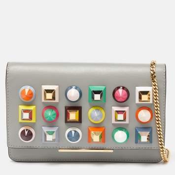 Pre Owned Fendi Grey Leather Rainbow Stud Tube Wallet On Chain