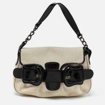 Pre Owned Fendi Cream/Black Canvas and Patent Leather B Shoulder Bag