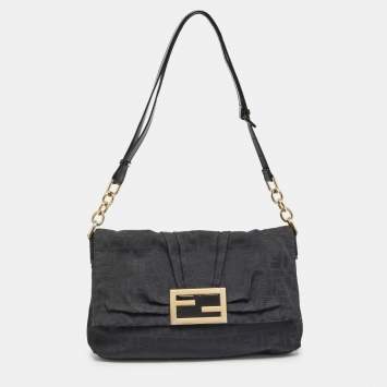 Pre Owned Fendi Black Zucca Canvas and Patent Leather Mia Flap Bag