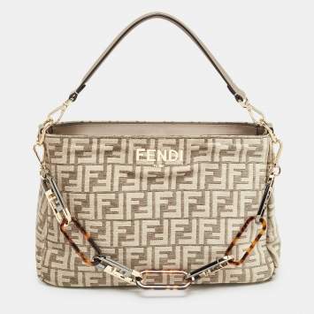 Pre Owned Fendi Beige Zucca Velvet and Leather O'Lock Zipper Top Handle Bag
