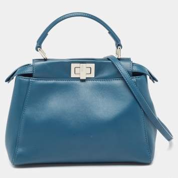 Pre Owned Fendi Teal Blue Leather Mini Peekaboo Top Handle Bag