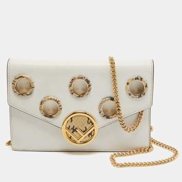 Pre Owned Fendi White Leather and Python Trim F is Fendi Wallet on Chain 
