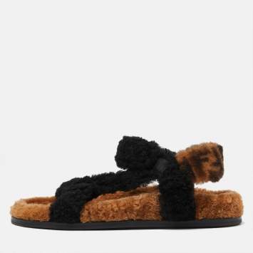 Pre Owned Fendi Brown/Black Shearling Fur Ankle Strap Flat Sandals Size 38