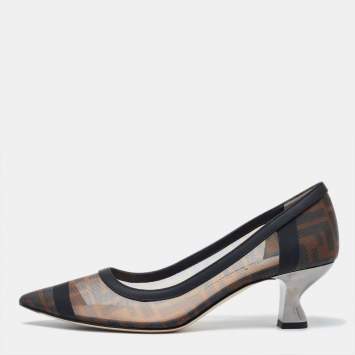 Pre Owned Fendi Black/Brown Zucca Mesh and Leather Colibri Pumps Size 38.5