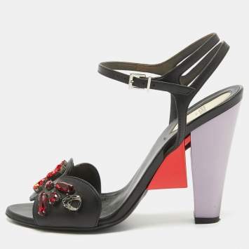 Pre Owned Fendi Black Leather Ankle Strap Crystal Embellished Ankle Strap Sandals Size 38 