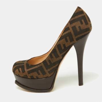 Pre Owned Fendi Brown Zucca Canvas Fendista Platform Round Toe Pumps Size 36.5