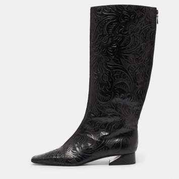 Pre Owned Fendi Black Floral Leather Knee Length Boots Size 41
