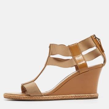 Pre Owned Fendi Brown Patent and Elastic Wedge Sandals Size 39.5