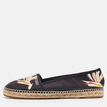 Pre Owned Fendi Black Printed Satin Espadrilles Flats Size 39