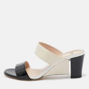 Pre Owned Fendi Cream/Black Patent Leather Wedge Slides Size 38.5