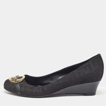 Pre Owned Fendi Black Canvas Logo Wedges Sandals Size  41
