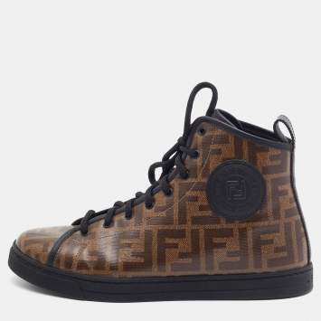 Pre Owned Fendi Brown Zucca Coated Canvas Lace-up High-Top Sneakers Size 38