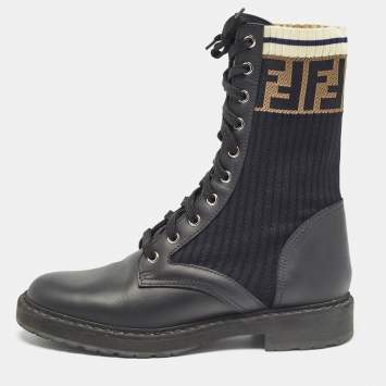 مملوكة مسبقًا Fendi Black Leather and Zucca Stretch Fabric Rockoko Combat Boots Size 37.5