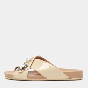 Pre Owned Fendi Beige Patent Leather Flowerland Slides Size 38