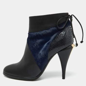 مملوكة مسبقًا Fendi Black/Blue Leather,Snake Embossed and Calfhair Ankle Boots Size 38.5