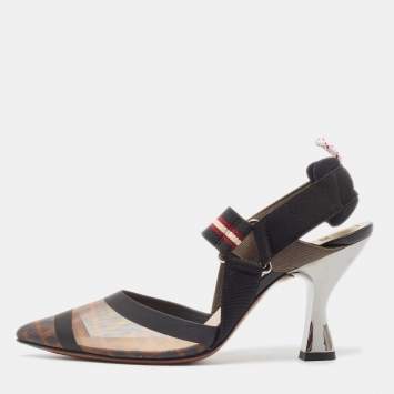 Pre Owned Fendi Black/Brown Zucca Mesh and Leather Colibri Pumps Size 37