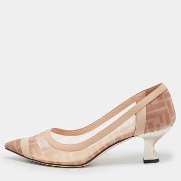 Pre Owned Fendi Light Pink/Brown Zucca Mesh and Leather Colibri Pumps Size 39