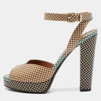 Pre Owned Fendi Brown/Green Checkered Leather Platform Ankle Strap Sandals Size 39