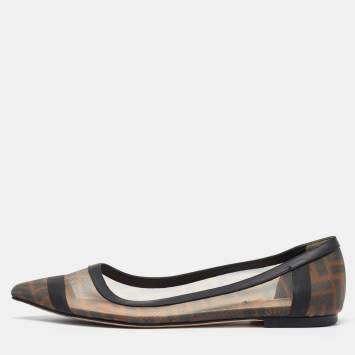 Pre Owned Fendi Brown/Black Zucca Mesh and Leather Colibri Ballet Flats Size 38
