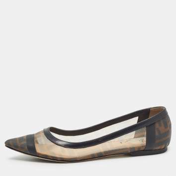 Pre Owned Fendi Black/Beige Mesh and Leather Colibri Ballet Flats Size 38