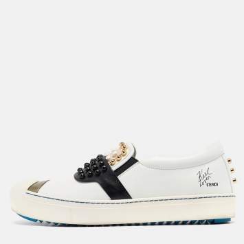 Pre Owned Fendi Black/White Leather Karlito Studded Low Top Sneakers Size 41