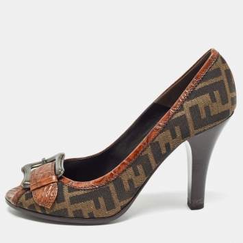 Pre Owned Fendi Brown Crocodile and Canvas Buckle Peep Toe Pumps Size 39