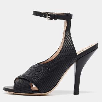 Pre Owned Fendi Black Logo Embossed Leather Slingback Ankle Strap Sandals Size 37
