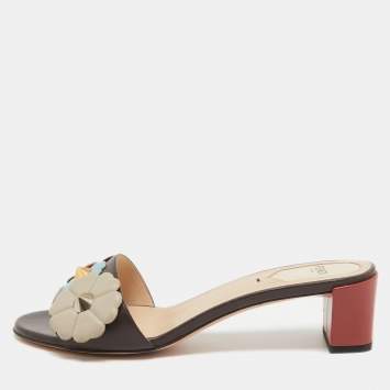 Pre Owned Fendi Brown Leather Flowerland Slide Sandals Size 38